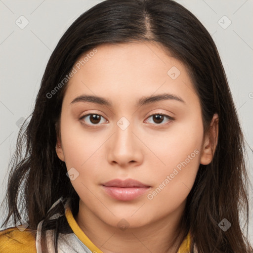 Neutral white young-adult female with long  brown hair and brown eyes