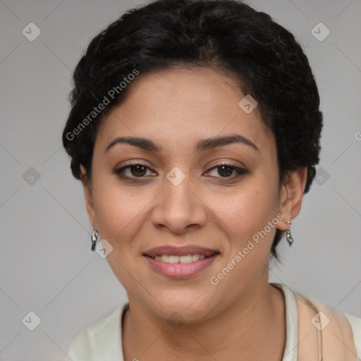 Joyful latino young-adult female with short  brown hair and brown eyes