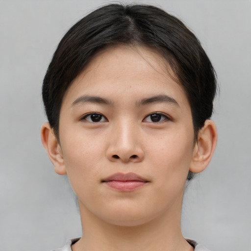 Neutral asian young-adult female with short  brown hair and brown eyes