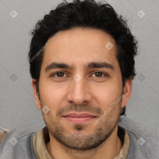 Joyful white young-adult male with short  black hair and brown eyes