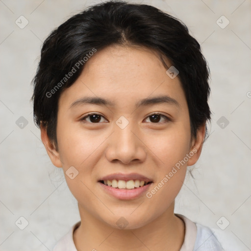 Joyful asian young-adult female with short  brown hair and brown eyes