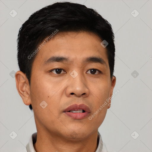 Neutral asian young-adult male with short  brown hair and brown eyes
