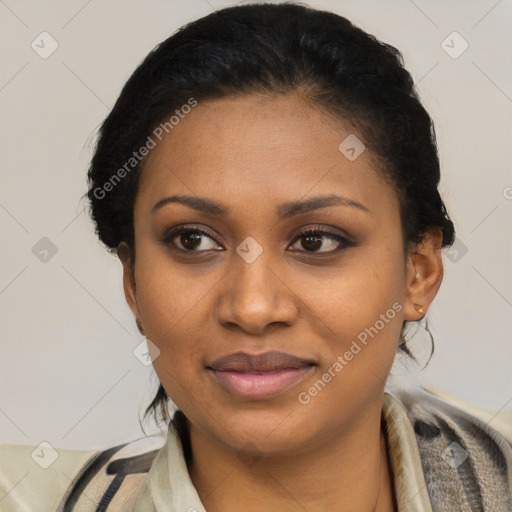 Joyful latino young-adult female with short  black hair and brown eyes