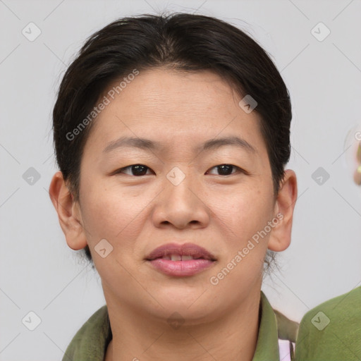 Joyful asian young-adult female with short  brown hair and brown eyes