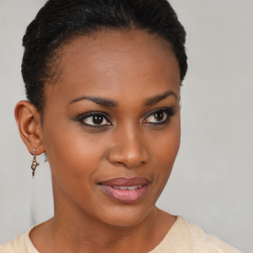 Joyful black young-adult female with short  brown hair and brown eyes