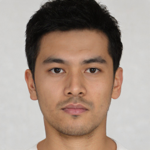 Neutral asian young-adult male with short  black hair and brown eyes