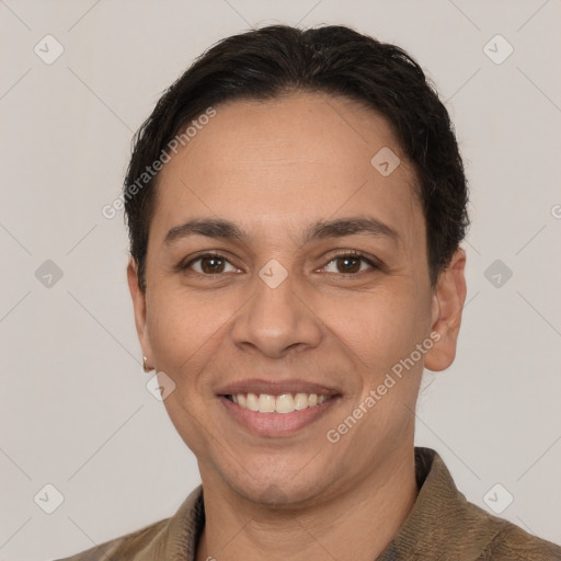 Joyful white young-adult female with short  brown hair and brown eyes