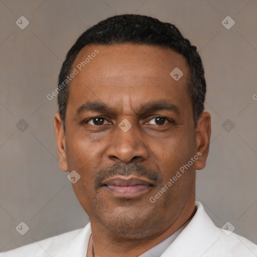 Neutral black adult male with short  black hair and brown eyes