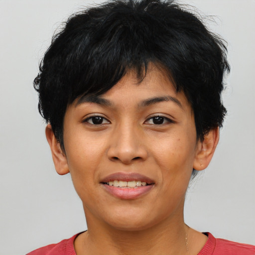 Joyful asian young-adult female with short  brown hair and brown eyes