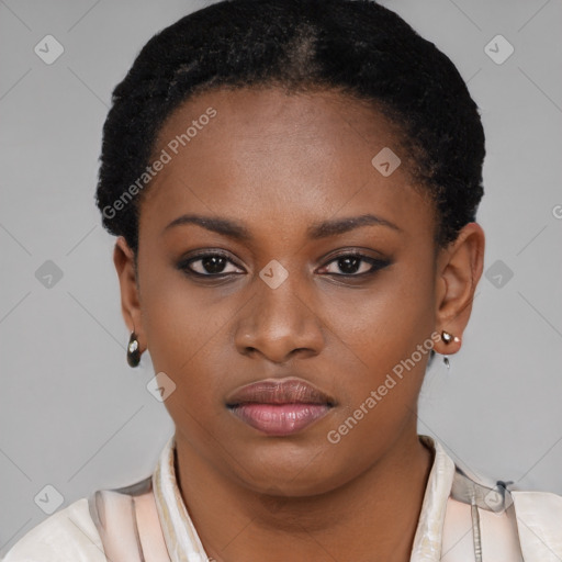 Neutral black young-adult female with short  black hair and brown eyes