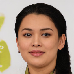 Joyful latino young-adult female with medium  black hair and brown eyes