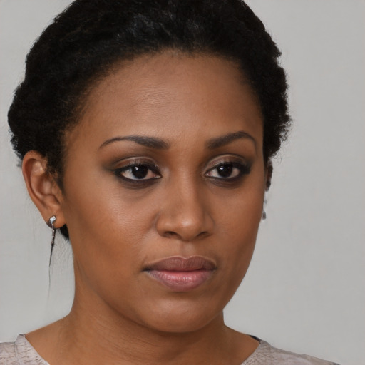 Joyful black young-adult female with short  brown hair and brown eyes