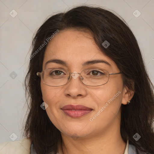 Joyful white adult female with medium  brown hair and brown eyes