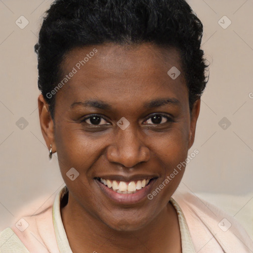 Joyful black young-adult female with short  brown hair and brown eyes