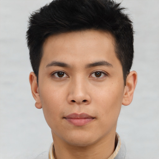 Neutral asian young-adult male with short  black hair and brown eyes