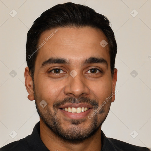 Joyful latino young-adult male with short  black hair and brown eyes