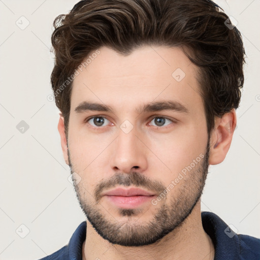 Neutral white young-adult male with short  brown hair and brown eyes