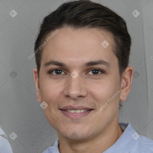 Joyful white young-adult male with short  brown hair and brown eyes