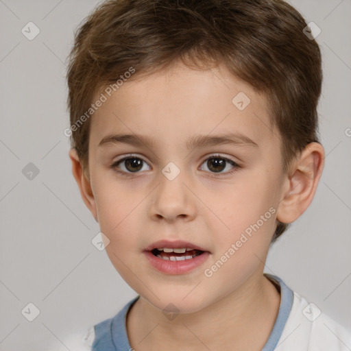 Joyful white child male with short  brown hair and brown eyes