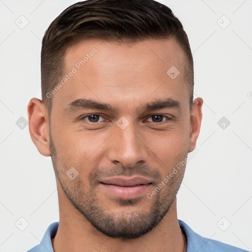 Joyful white young-adult male with short  brown hair and brown eyes