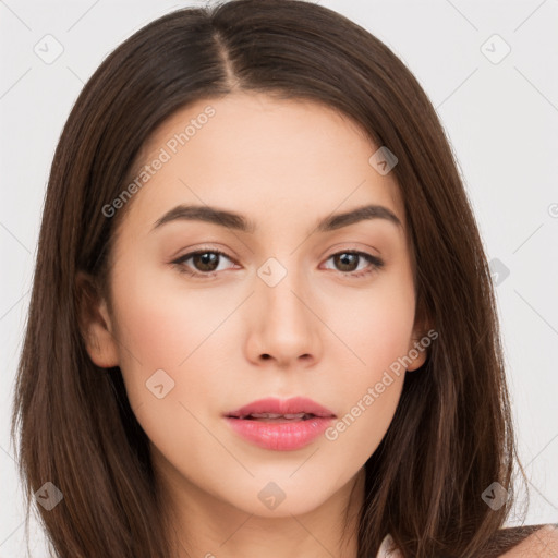 Neutral white young-adult female with long  brown hair and brown eyes