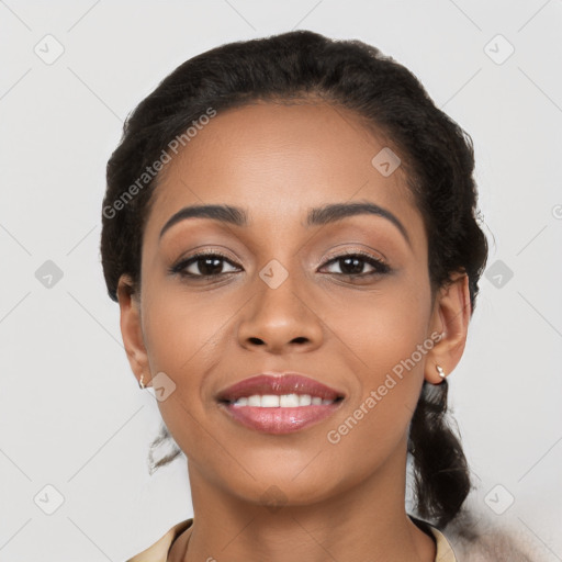 Joyful latino young-adult female with short  black hair and brown eyes