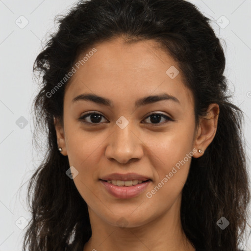 Joyful latino young-adult female with long  brown hair and brown eyes