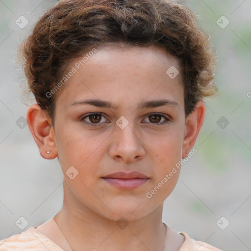 Joyful white child female with short  brown hair and brown eyes