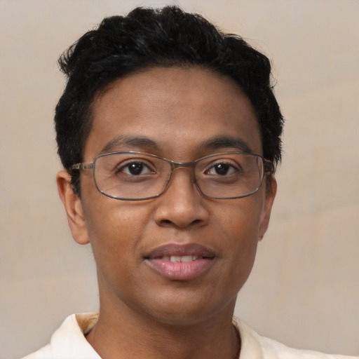 Joyful black young-adult male with short  brown hair and brown eyes