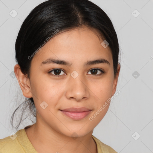 Joyful latino young-adult female with medium  brown hair and brown eyes