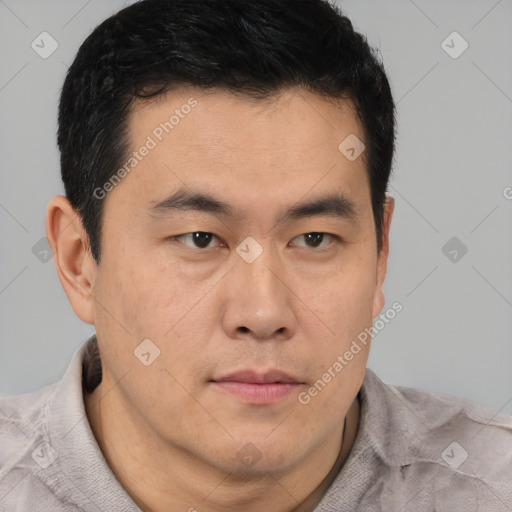 Neutral asian young-adult male with short  brown hair and brown eyes