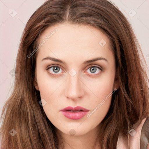 Neutral white young-adult female with long  brown hair and grey eyes