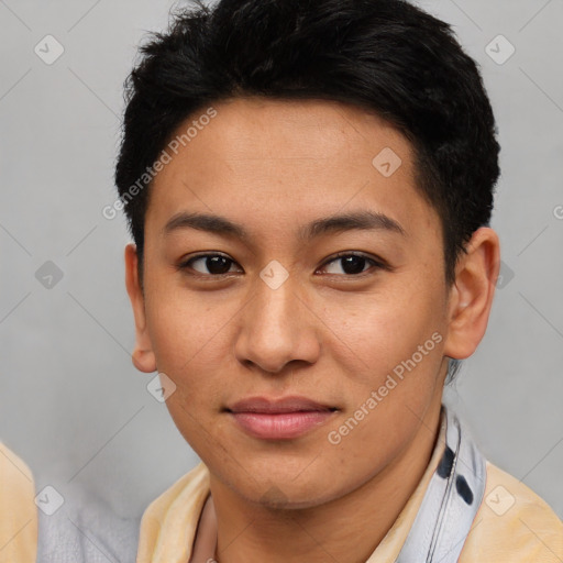 Joyful latino young-adult female with short  brown hair and brown eyes