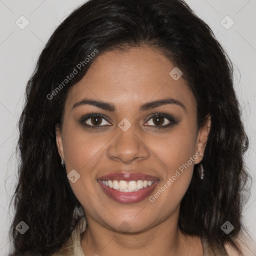 Joyful black young-adult female with long  brown hair and brown eyes