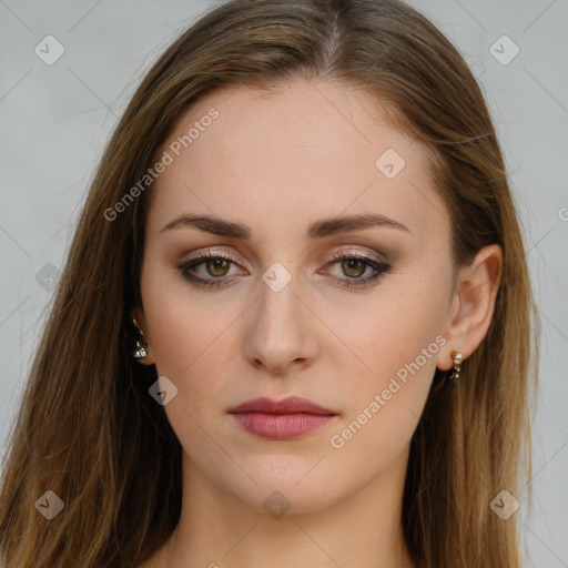 Neutral white young-adult female with long  brown hair and brown eyes