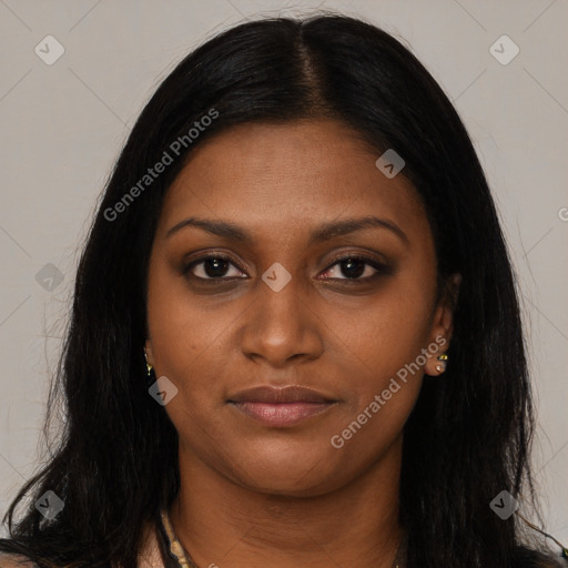 Joyful latino young-adult female with long  black hair and brown eyes