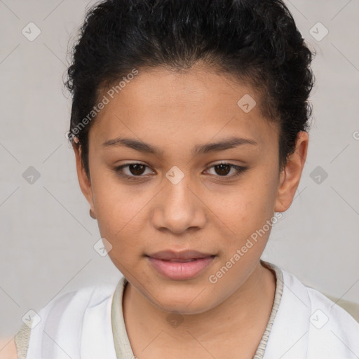 Joyful white child female with short  brown hair and brown eyes