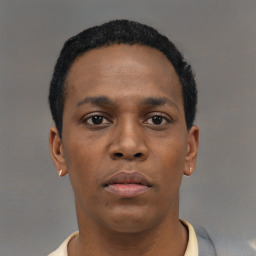 Neutral black young-adult male with short  black hair and brown eyes