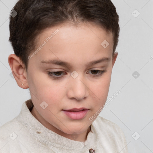 Joyful white child female with short  brown hair and brown eyes