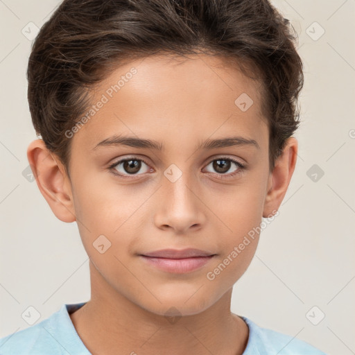 Joyful white child female with short  brown hair and brown eyes