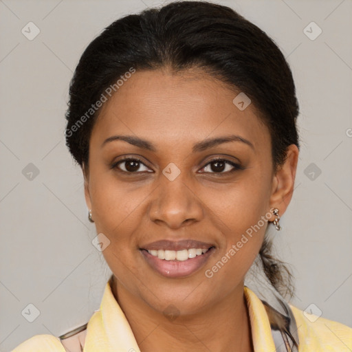 Joyful latino young-adult female with medium  brown hair and brown eyes