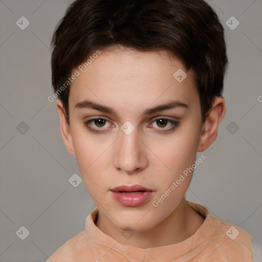 Neutral white young-adult female with short  brown hair and brown eyes