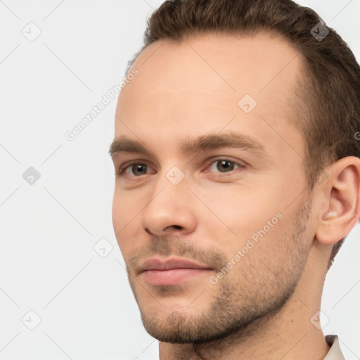 Neutral white young-adult male with short  brown hair and brown eyes