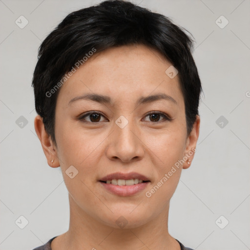 Joyful asian young-adult female with short  black hair and brown eyes