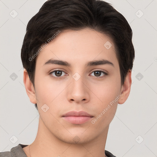 Neutral white young-adult male with short  brown hair and brown eyes