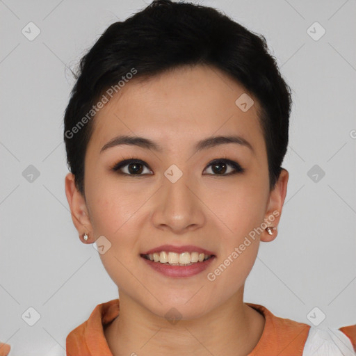 Joyful asian young-adult female with short  black hair and brown eyes