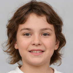 Joyful white child female with medium  brown hair and brown eyes