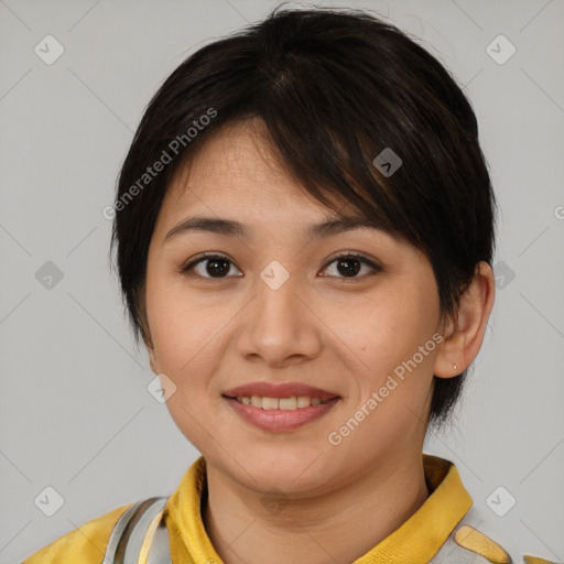 Joyful white young-adult female with medium  brown hair and brown eyes