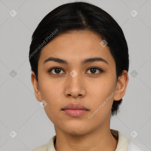 Neutral latino young-adult female with short  black hair and brown eyes