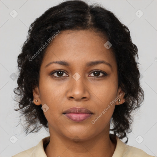 Joyful black young-adult female with medium  brown hair and brown eyes